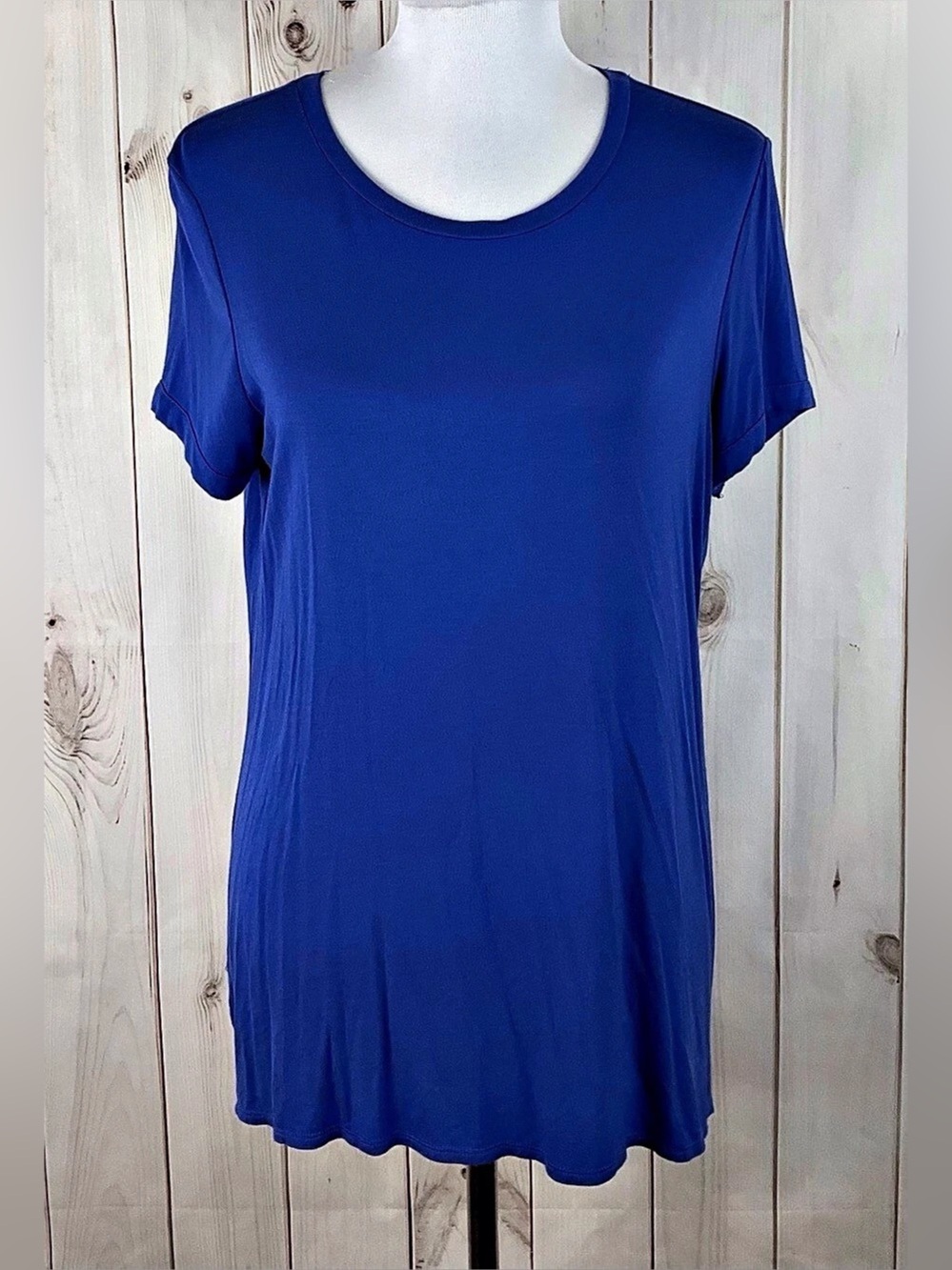 Ellen Tracy Women's Blue Round Neck Hi Low Hem Stretch Knit Tunic Top Size M